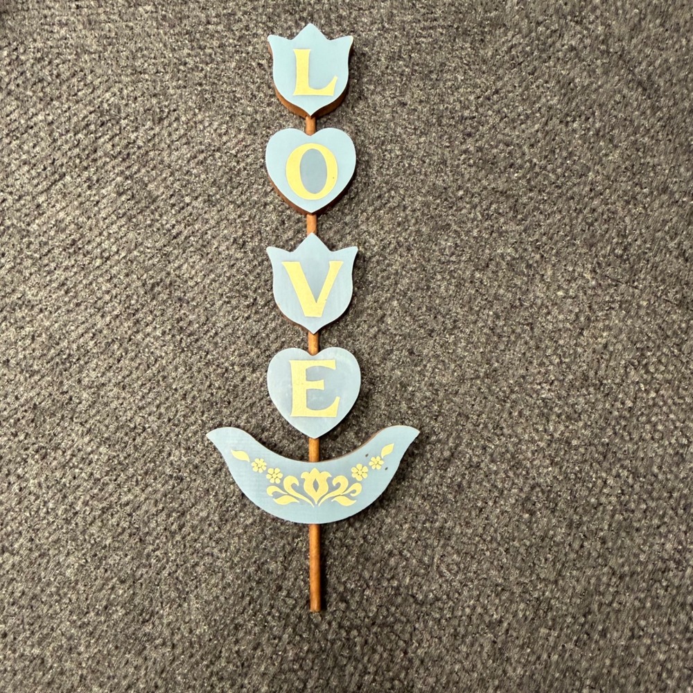 Vintage Wooden LOVE Wall Hanging Blue Heart Tulip Folk Art Decor 17.5"